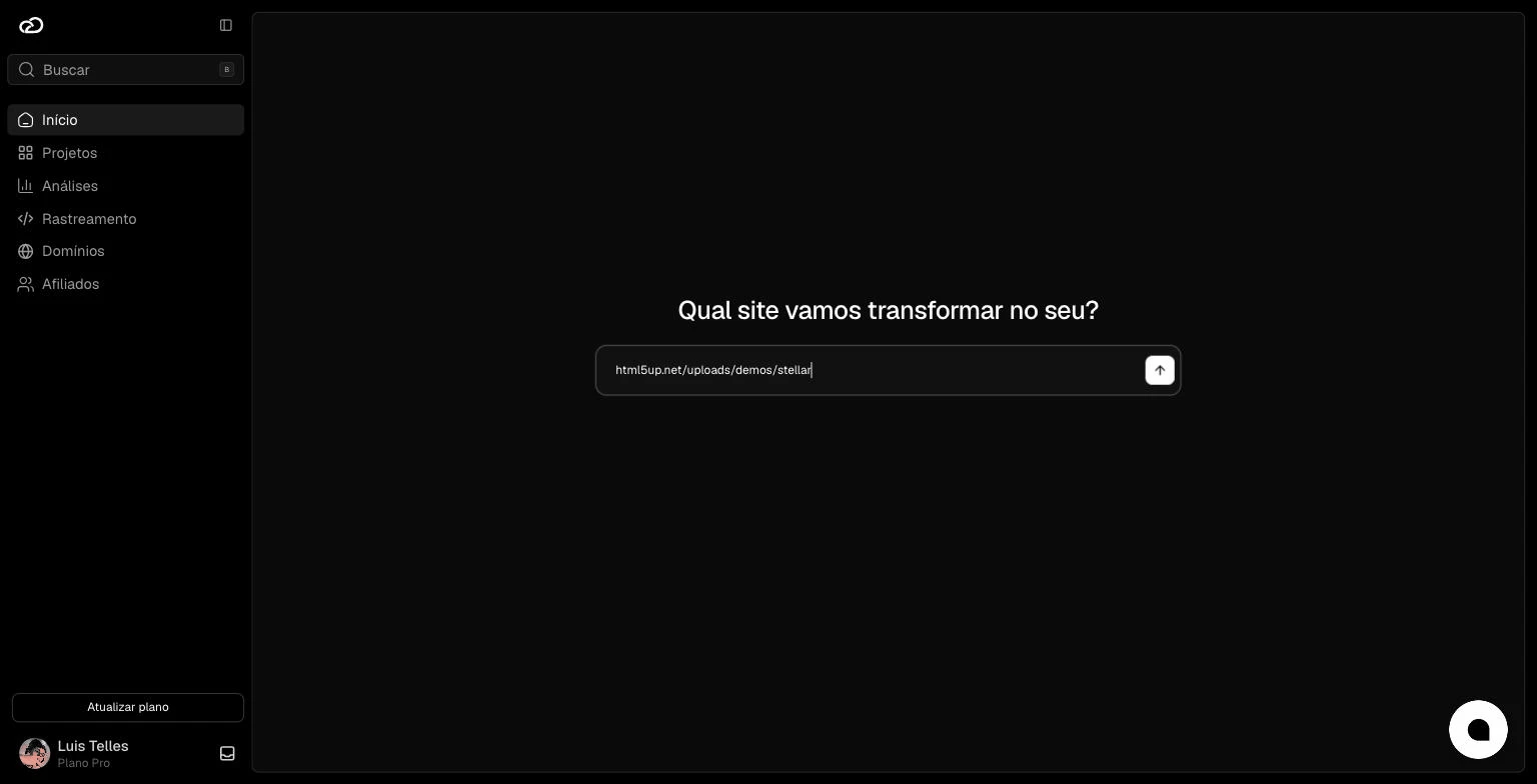 Passo 1 de como clonar um site na Arktrix: colar o link da página no campo de novo projeto